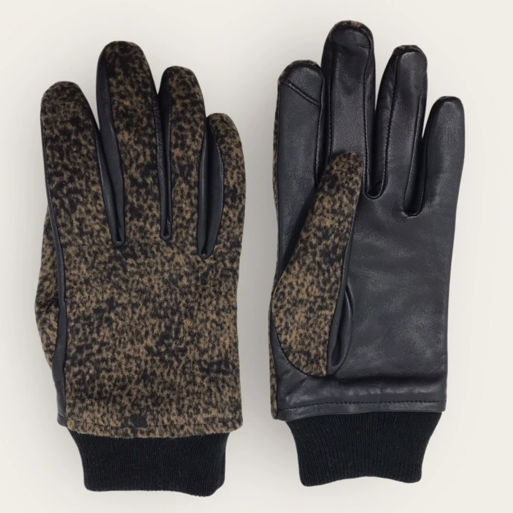 Land's End Brown EZ Touch Screen Gloves Leather & Cashmere Animal Print